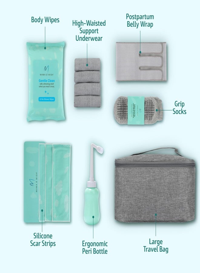 Mama & Wish® C-Section Recovery Kit Must Haves - Postpartum Essentials 12-Piece Set with Belly Binder, No-Shower Wipes, Silicone Scar Patches, Peri Bottle, Underwear, Grip Socks & Toiletry Bag - Image 2